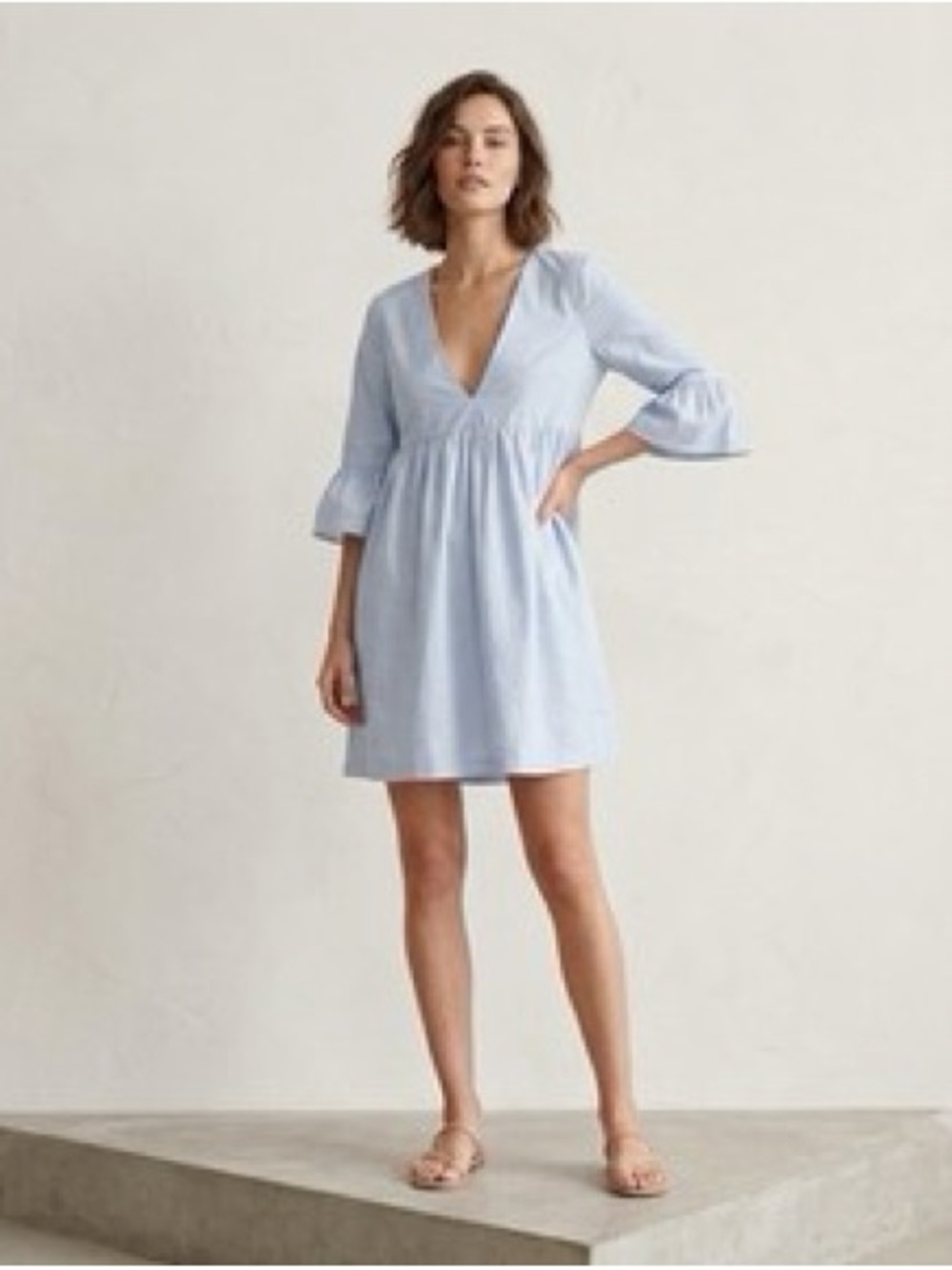 Sunday Best Pale Blue V-Neck Babydoll Dress with Ruffle Sleeves